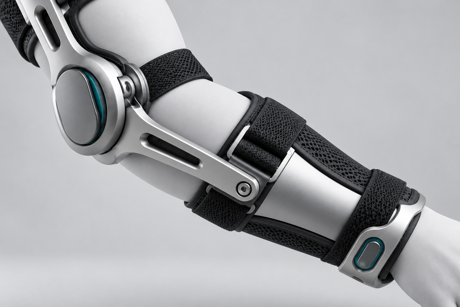 A1 concept close-up of the forearm support rail, breathable textile cuff and wrist guide