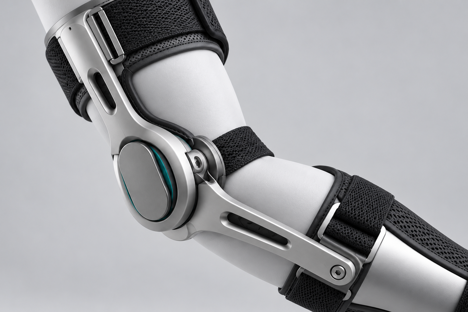 A1 concept close-up of the oval elbow housing and silver connecting rails on a neutral mannequin arm