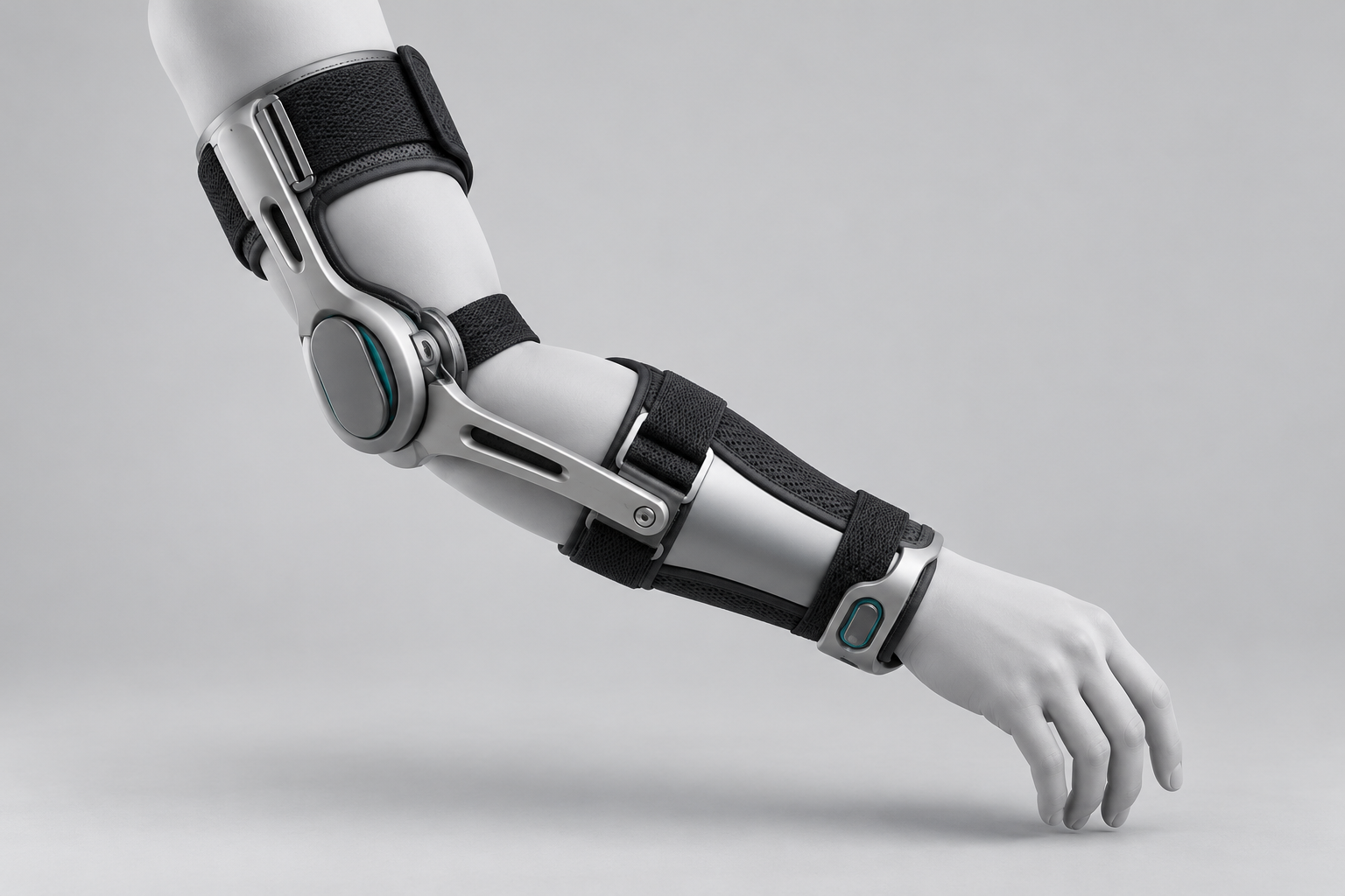 AEVUM EXO A1 concept: satin silver elbow and forearm support with graphite cuffs on a neutral mannequin arm