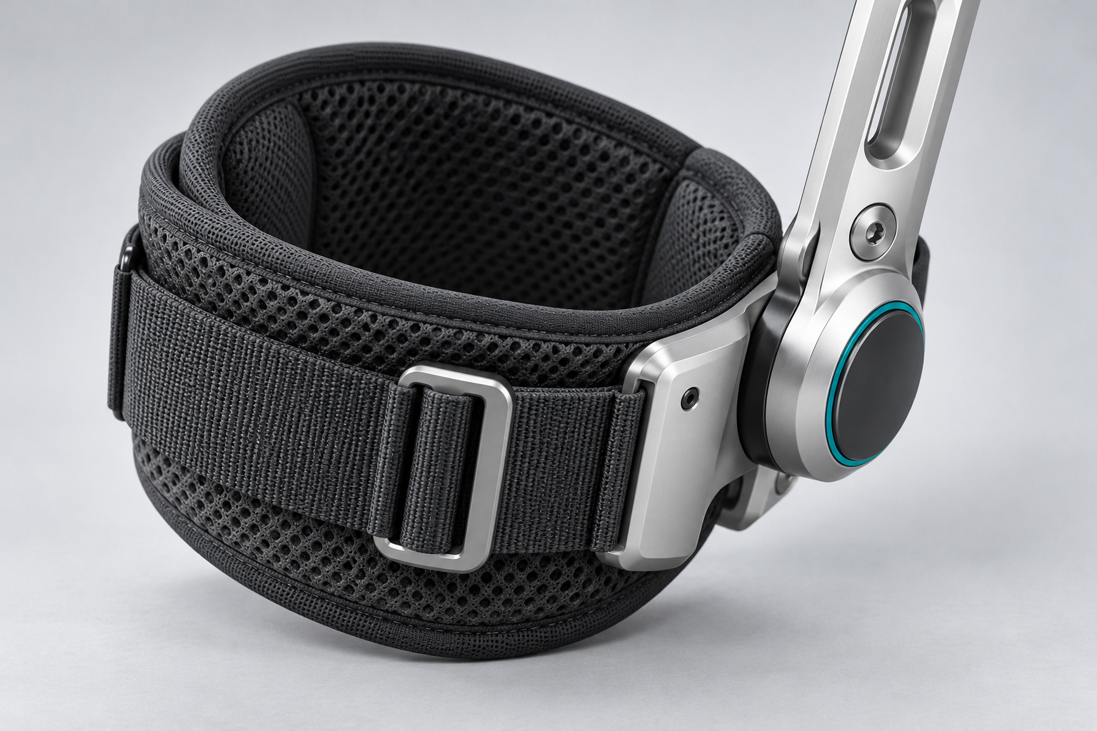 B1 concept close-up of the graphite thigh cuff, mesh lining, adjustable strap and silver fastener