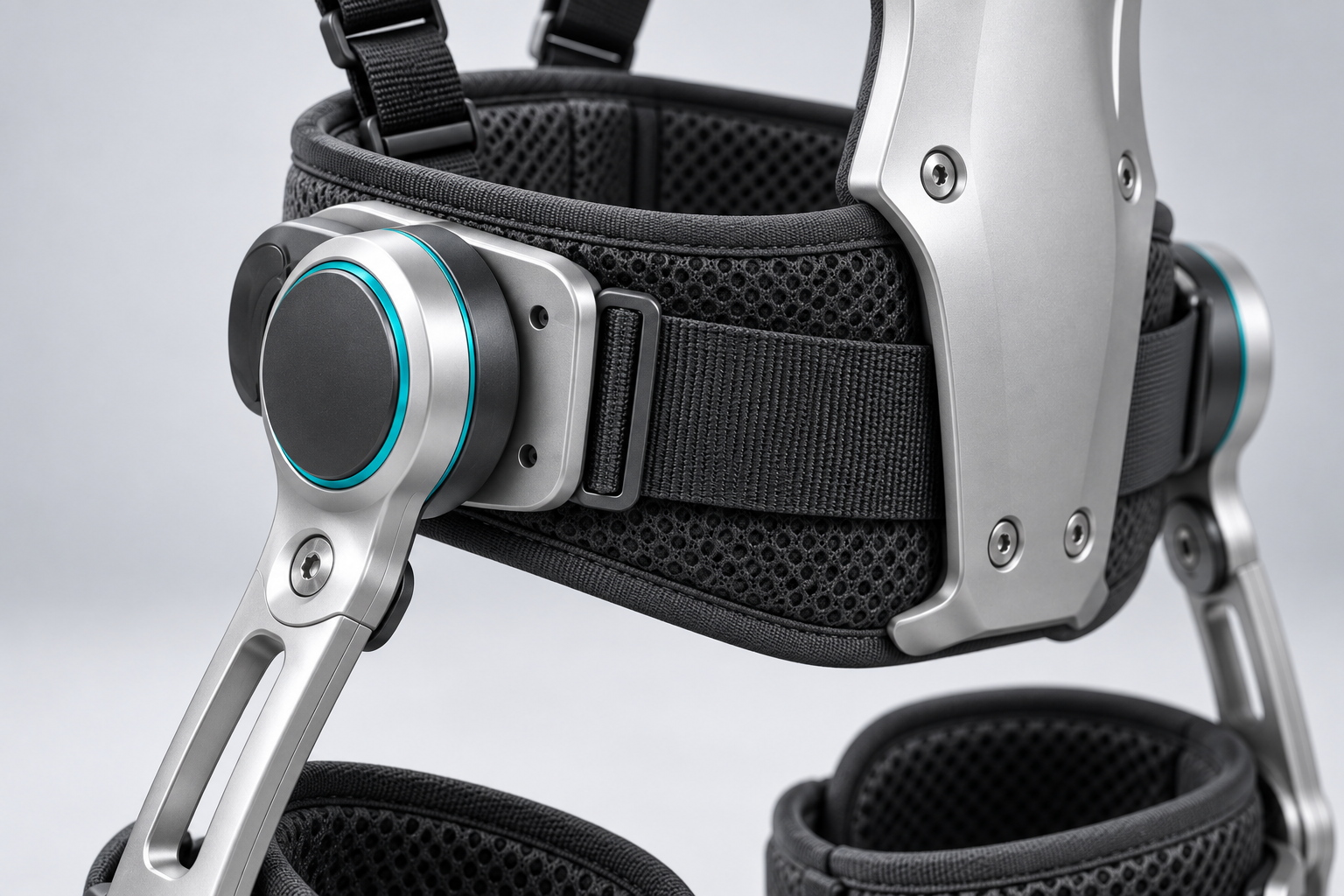 B1 concept close-up of the silver hip pivot, padded waist belt and thigh rail connection
