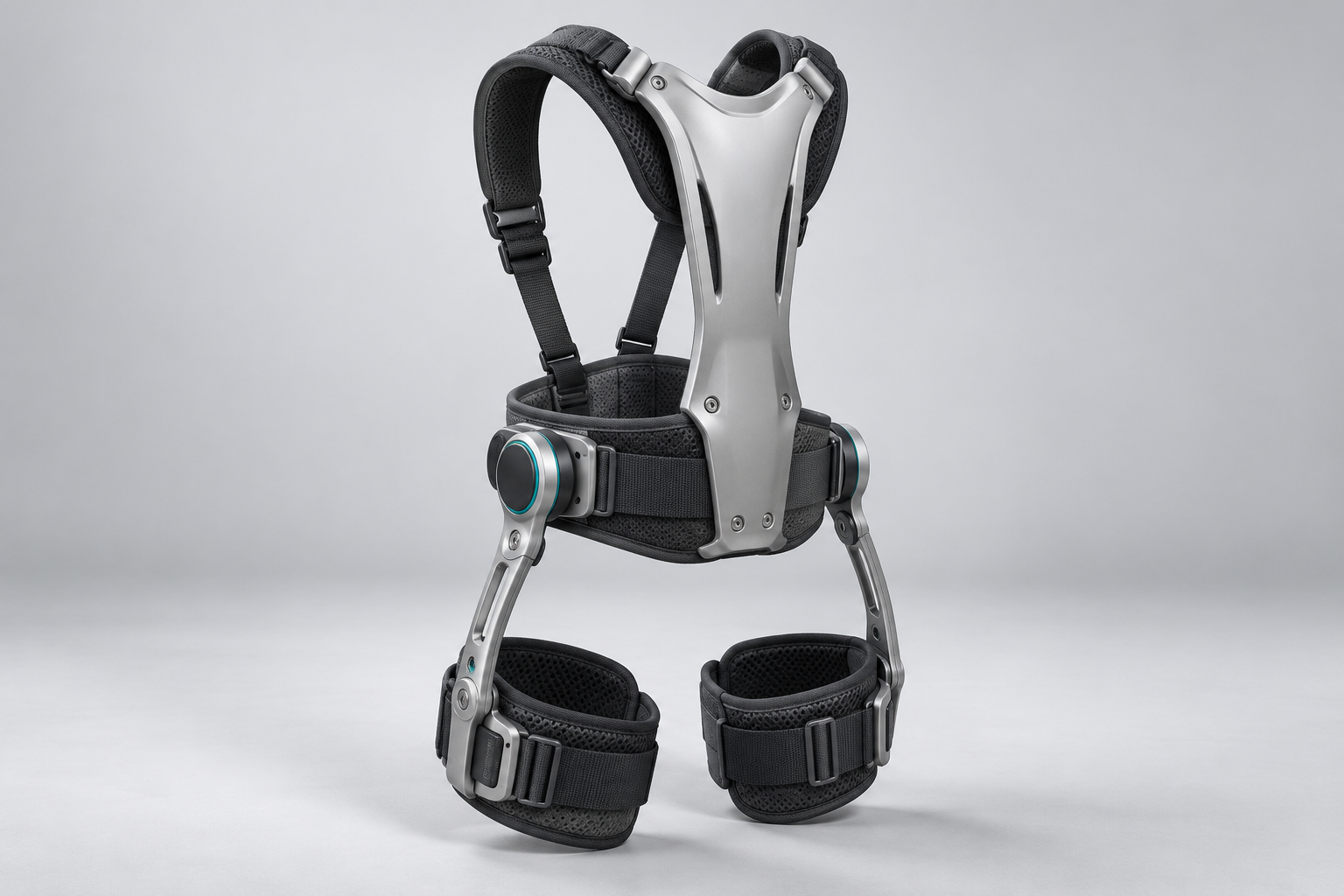 AEVUM EXO B1 back and hip support concept with a silver backplate, hip joints and graphite thigh cuffs
