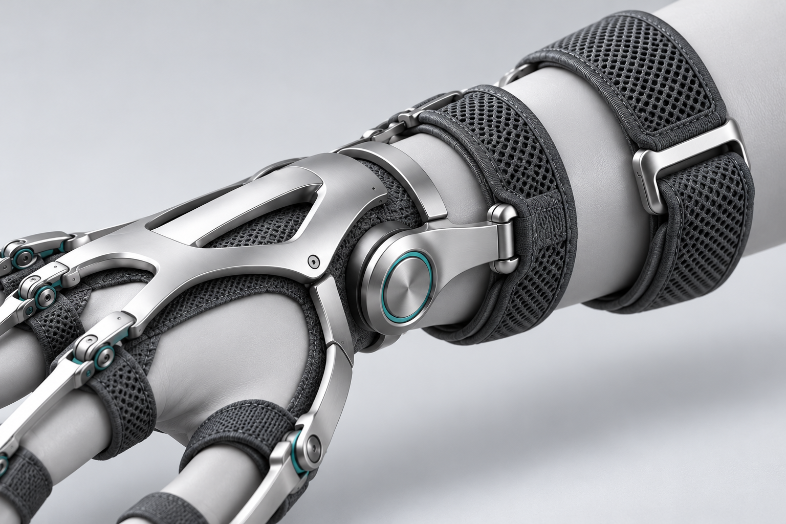 H1 concept detail of the silver wrist joint, graphite mesh cuff and adjustable buckle