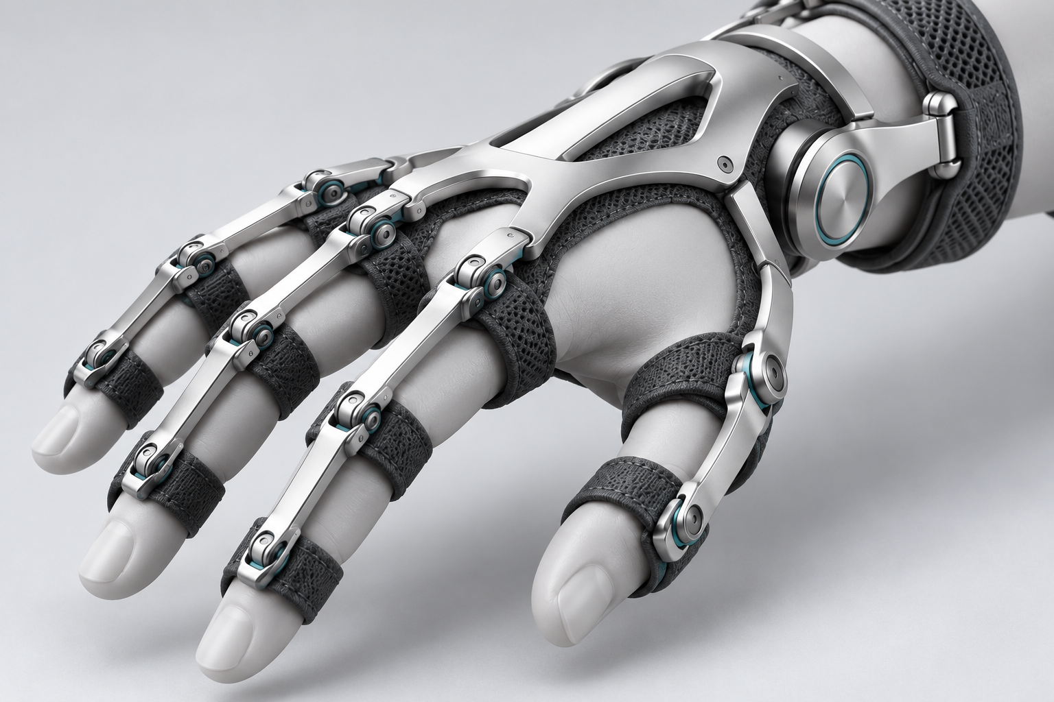 H1 concept detail of silver dorsal finger linkages and knuckle hinges over a complete neutral mannequin hand