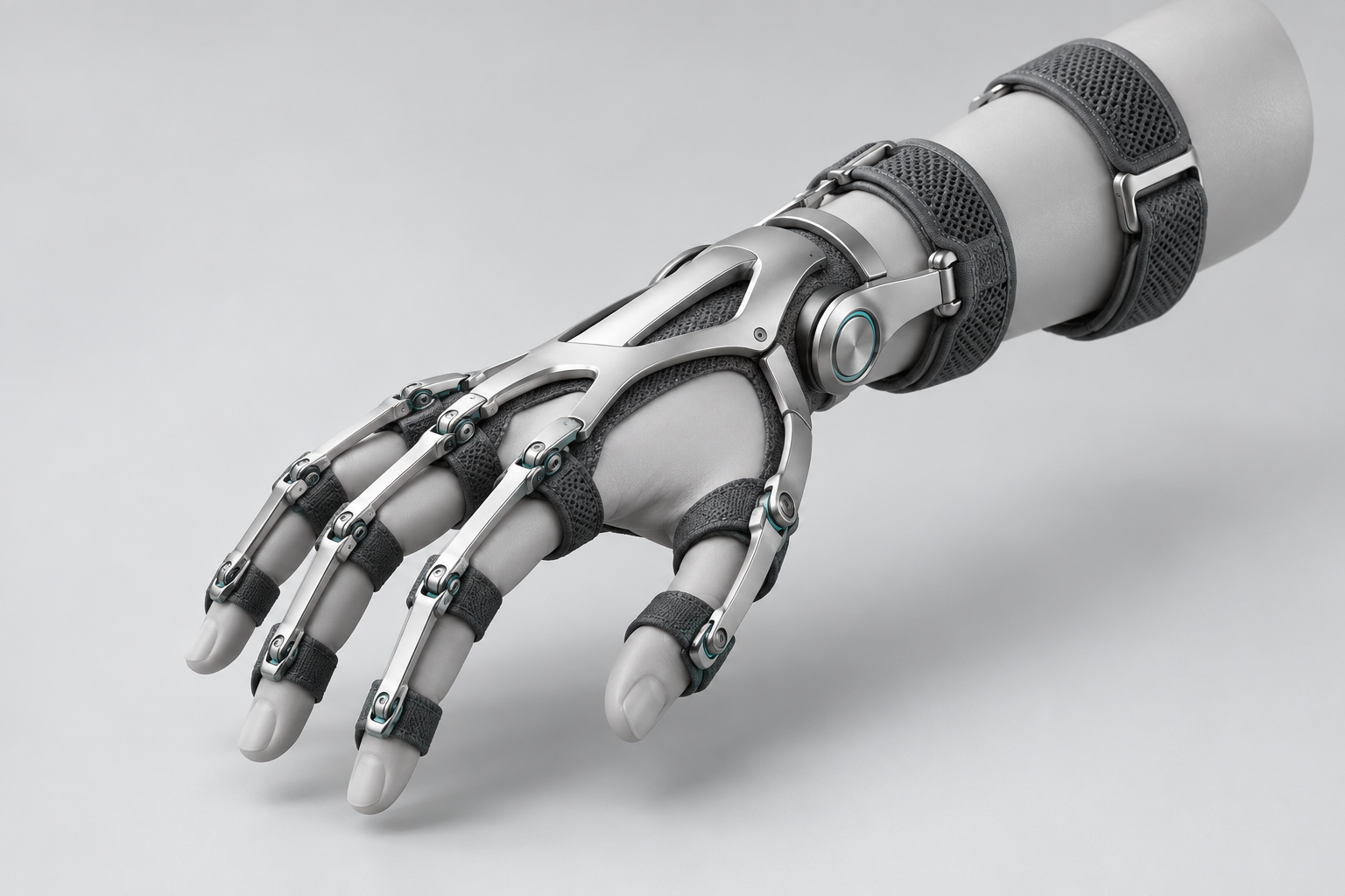 AEVUM EXO H1 concept: silver external finger and wrist frame worn over a complete neutral mannequin hand