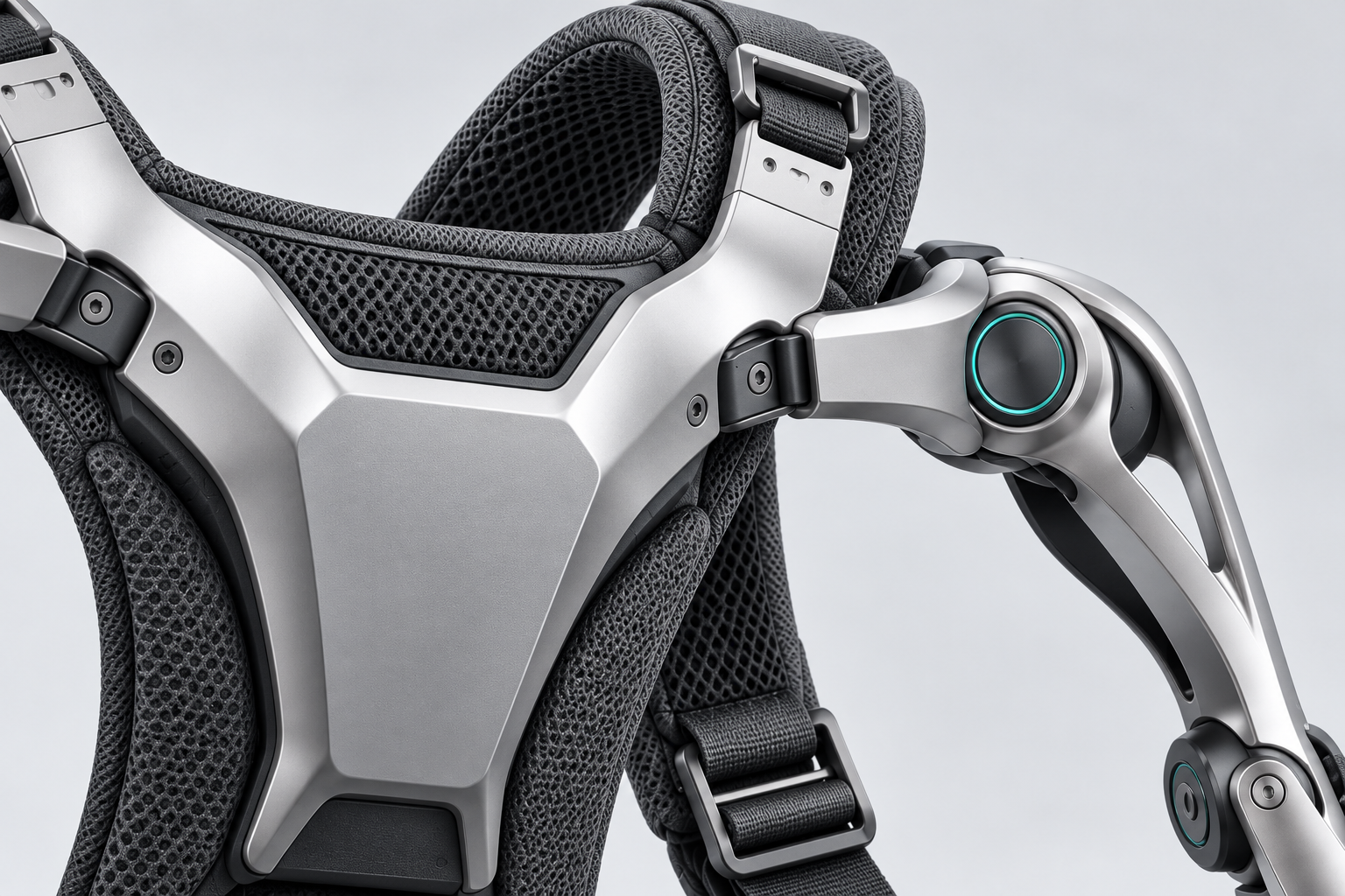 S1 concept detail of the backplate connection, graphite shoulder straps and layered mesh padding