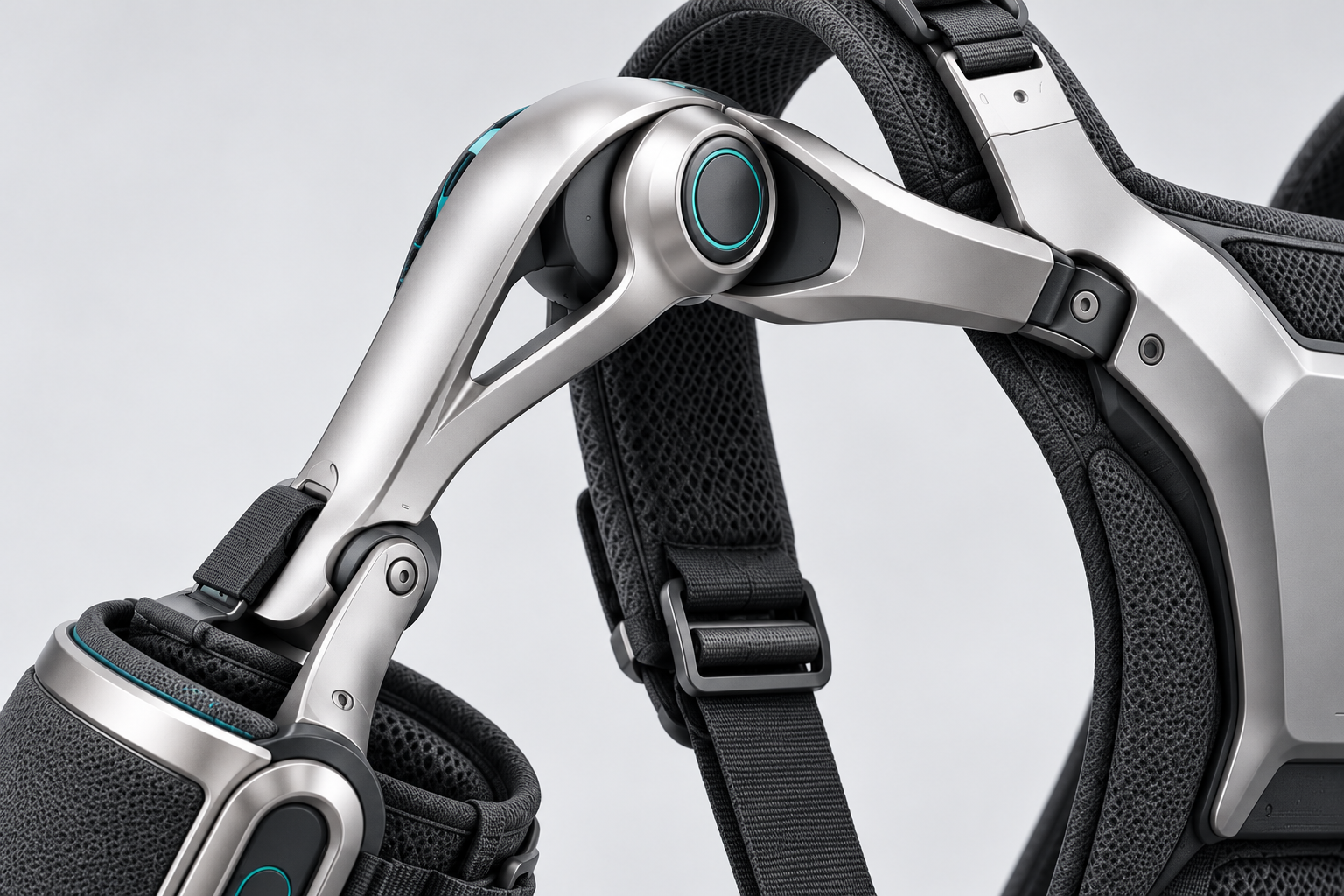 S1 concept detail of the rounded shoulder pivot and articulated silver support arm