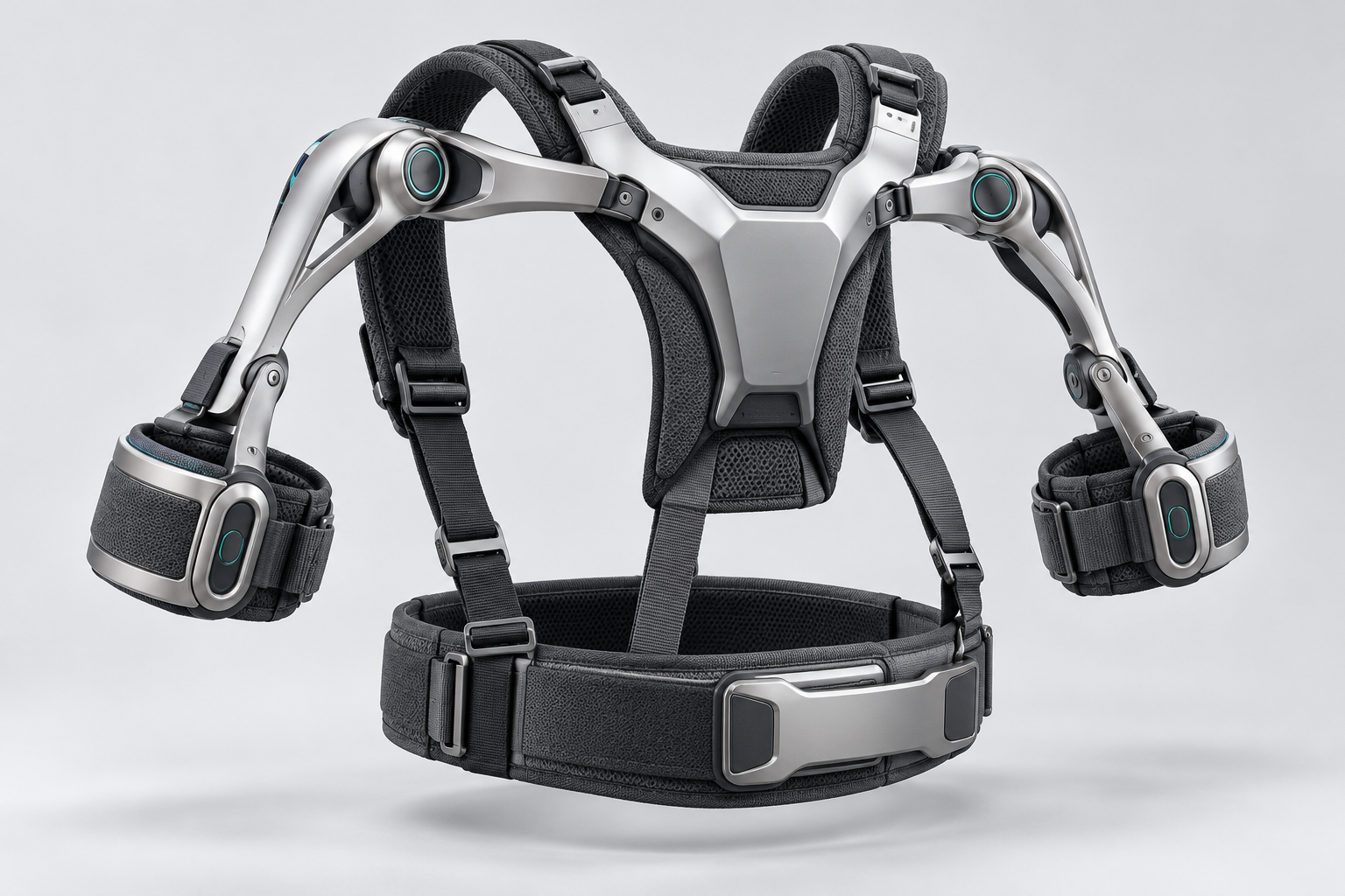 AEVUM EXO S1 shoulder support concept with bilateral articulated arms, textile cuffs and a waist harness