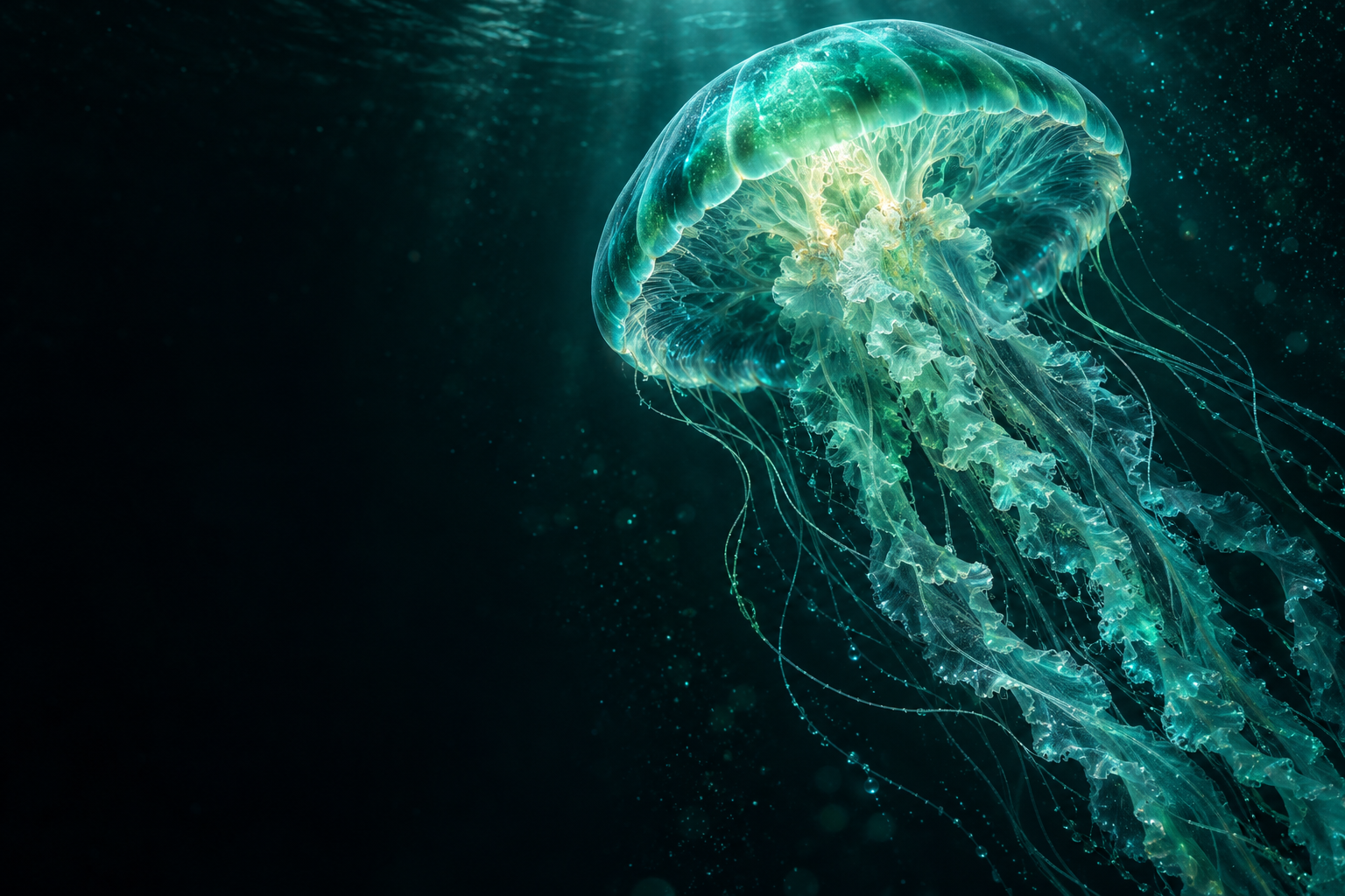 A translucent deep-sea jellyfish glowing teal, an artistic reflection on life and time