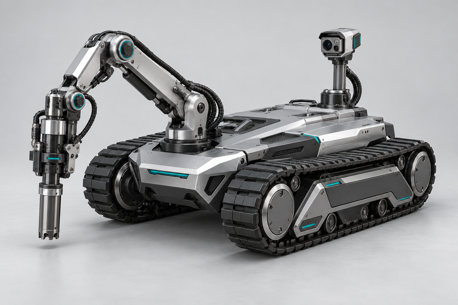 AEVUM MR1 mining robot concept with a silver chassis, graphite tracks, sensor pod and articulated geological sampling arm