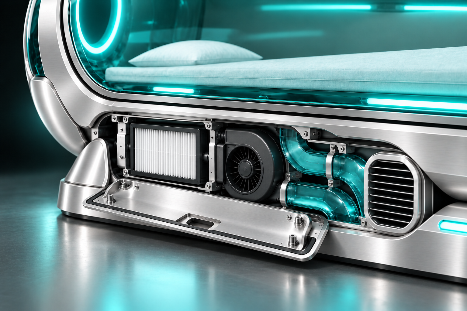 Base air-circulation concept with intake, filter, fan and airflow channels