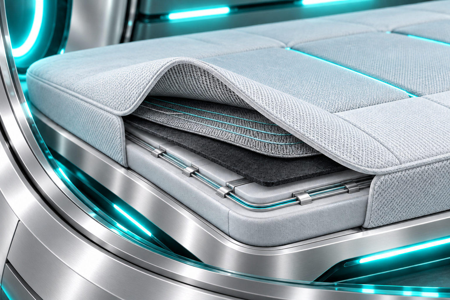 Layered pad concept showing conductive textile, insulation and wiring channels
